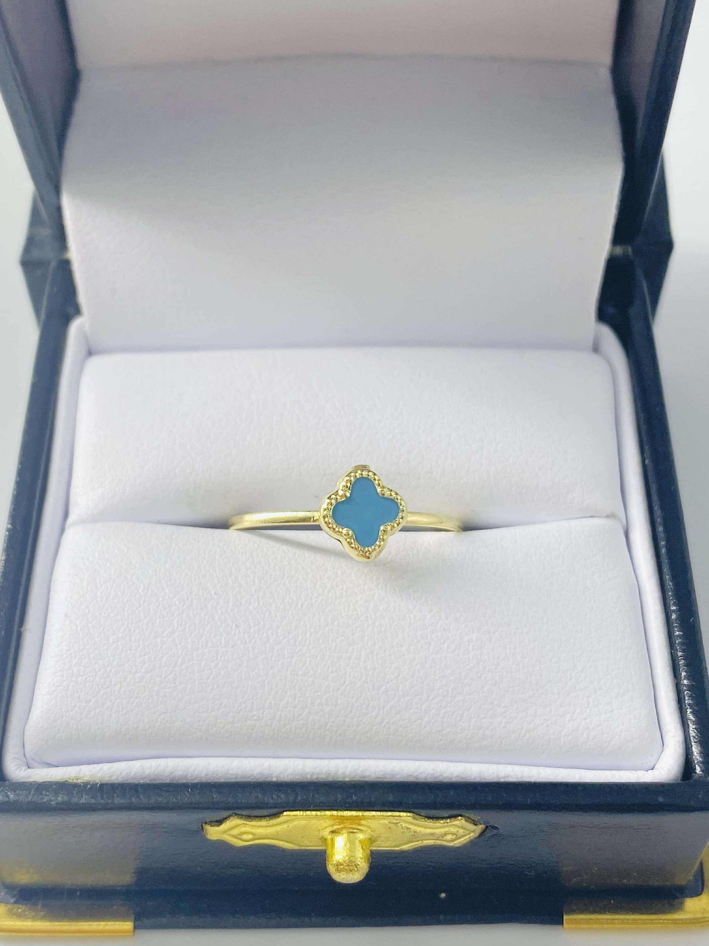 Gold Light Blue Clover Ring - Anillo De Oro Celeste De Trebol