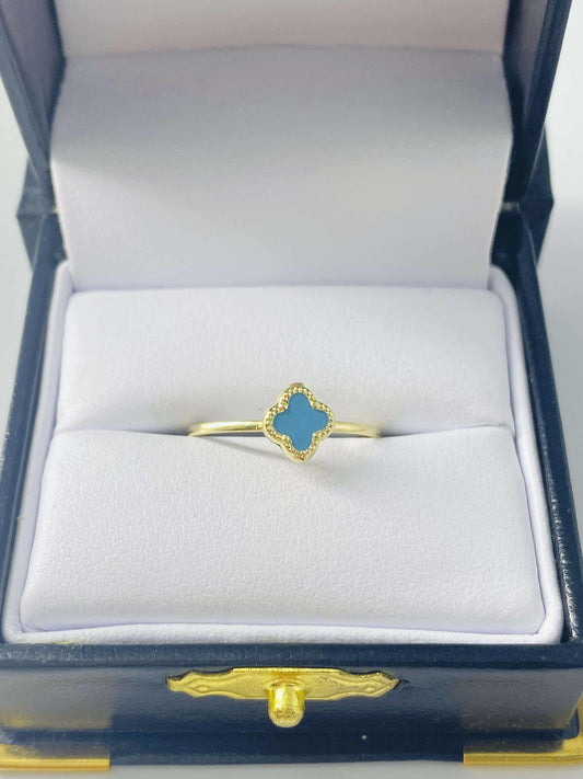 Gold Light Blue Clover Ring  - Anillo De Oro Celeste De Trebol
