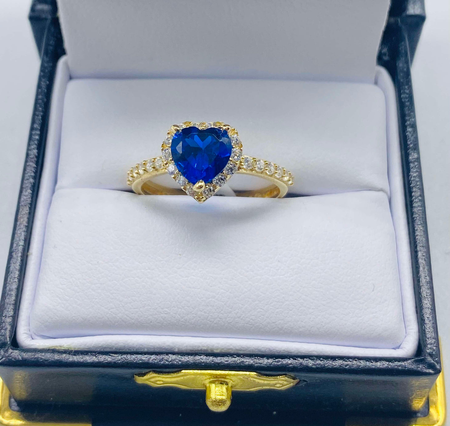 Gold Blue Heart Cz Zirconia Ring - Anillo De Oro Corazon Azul Cz Zirconia