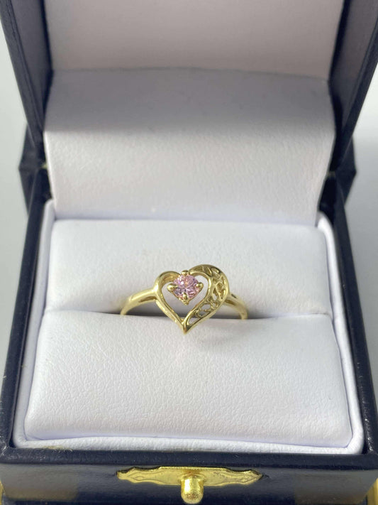 Gold Heart Pink Cz Zirconia Ring - Anillo De Oro De Corazon Cz Pink Zirconia
