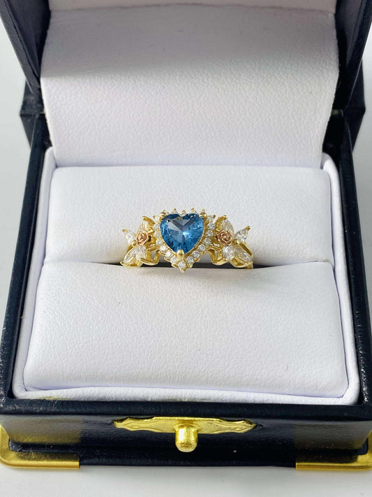 Gold Blue Light Heart Cz Zirconia Ring  - Anillo De Oro De Corazon Color Celeste Cz Zirconia