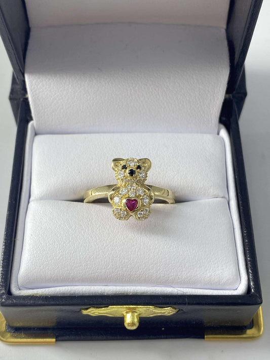 Gold Red Bear Cz Zirconia Ring - Anillo De Oro De Oso Rojo Cz Zirconia