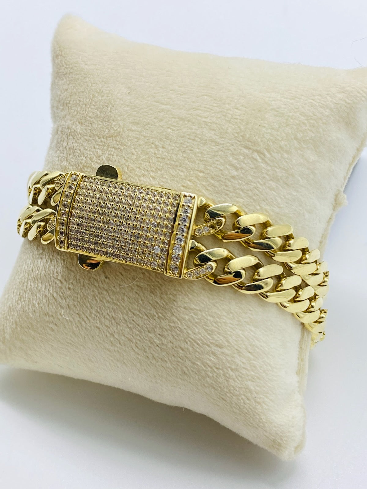 Gold Monaco With Diamonds Double Link Bracelet Cz Zirconia- Pulsera De Oro Doble Monaco Con Diamantes Cz Zirconia