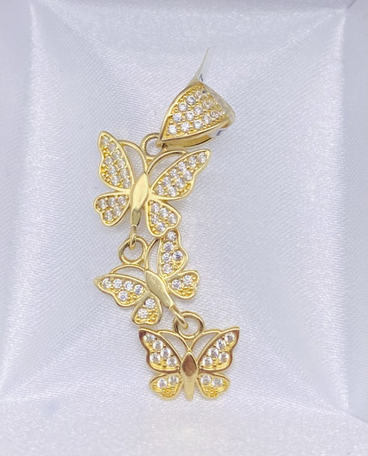 Gold Triple Butterfly Pendant With Cz Zirconia  - Dije De Mariposa Triple Con Cz Zirconia