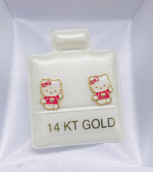 Gold Pink Hello Kitty Earrings - Aretes De Oro Rosados De Hello Kitty