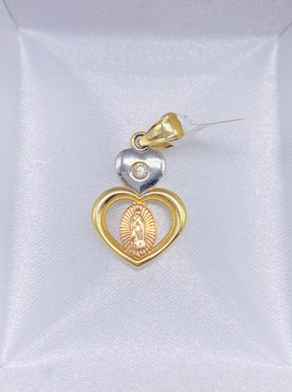 Gold Virgen Pendant Heart Shape  - Dije De Oro De Virgen En Forma De Corazon