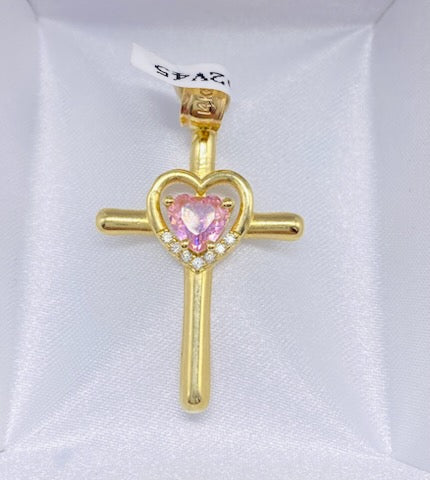 Gold Cross Heart Pendant - Dije De Oro Cruz Corazon