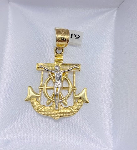 Gold Cross Anchor With Radder Pendant - Dije De Oro De Cruz Ancla Con Timon