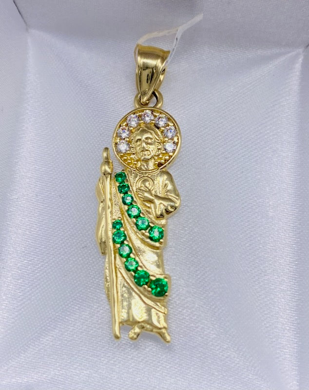 Gold Saint Judas Cz Zirconia Verde Pendant - Dije De Oro San Judas Cz Zirconia Verde