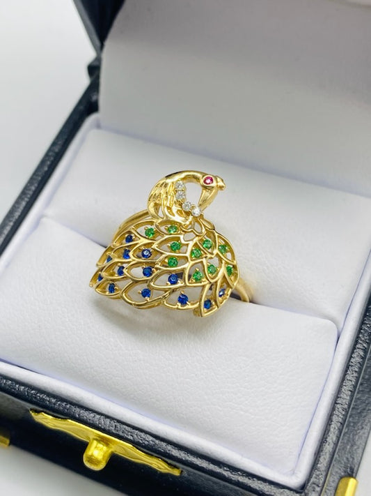 Gold Peacock Blue and Green Feathers Ring - Anillo De Oro De Pavo Real Colores Azul y Verde