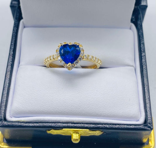 Gold Blue Heart Cz Zirconia Ring - Anillo De Oro Corazon Azul Cz Zirconia