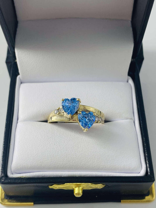 Gold Two Heart Light Blue Cz Zirconia Ring  - Anillo De Oro De Dos Corazones Celeste Cz Zirconia
