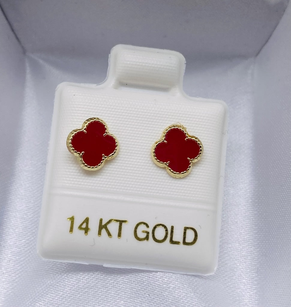 Gold Red Clover Earrings - Aretes De Oro De Clavel Rojo