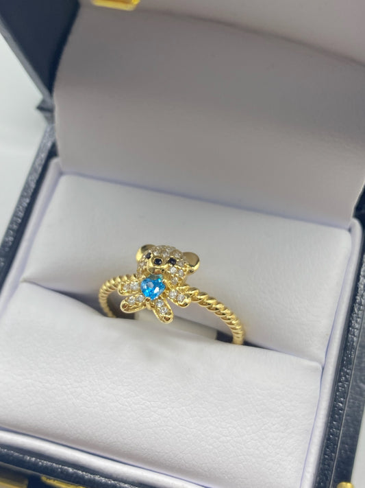 Bear Shape Light Blue Color Diamonds Cz Zirconia- Anillo De Oro En Forma De Oso Con Un Diamante De Color Celeste Cz Zirconia