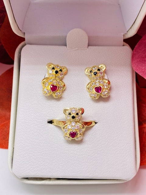 Red Ruby Color Cz Zirconia Bear Jewelry Set - Set de Diamantes Cz Zirconia de Color Ruby en Forma de Oso