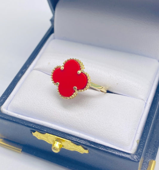 Red Color Gold Clover Ring - Anillo De Clavel Color Rojo