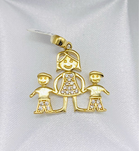 Gold Mom And Children Cz Zirconia Pendant - Dije De Oro Mama Con Niños Cz Zirconia