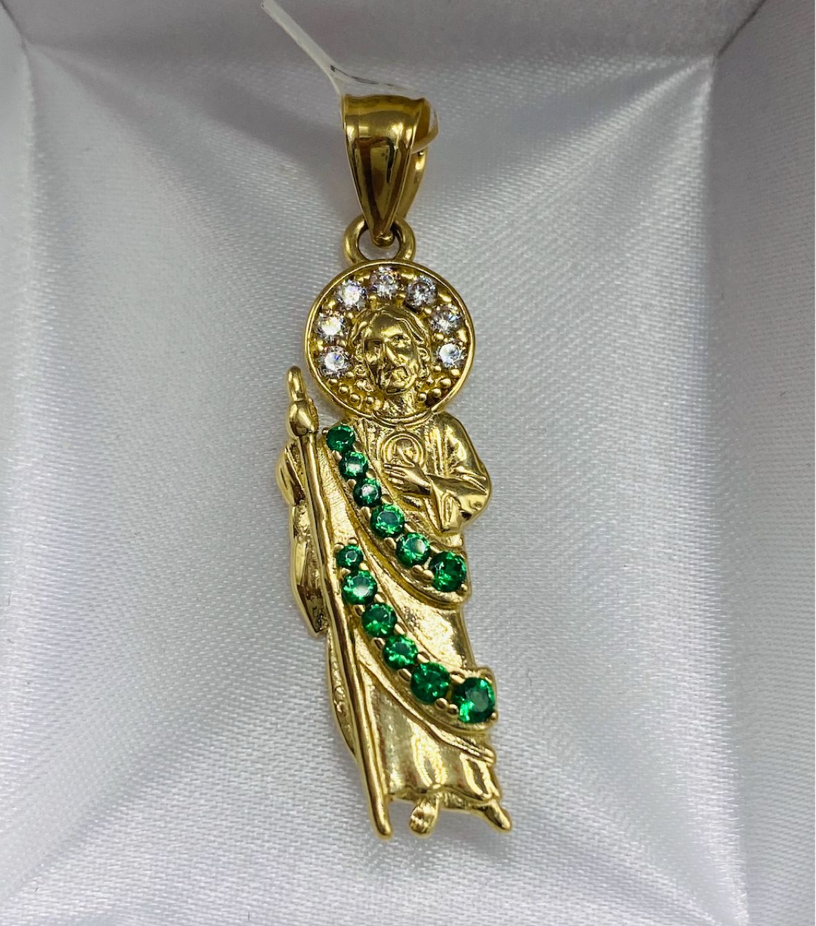 Gold Saint Judes Pendant With Green Cz Zirconia - Dije De Oro De San Judas Con Cz Zirconia Verde