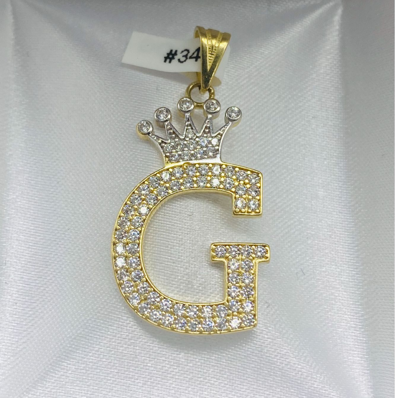 Gold "G" Letter Crown Pendant Cz Zirconia- Dije De Oro Letra "G" De Corona Cz Zirconia