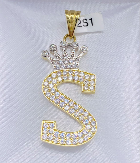 Gold Letter "S" Crown Cz Zirconia Pendant - Dije De Oro De Letra "S" Corona Cz Zirconia