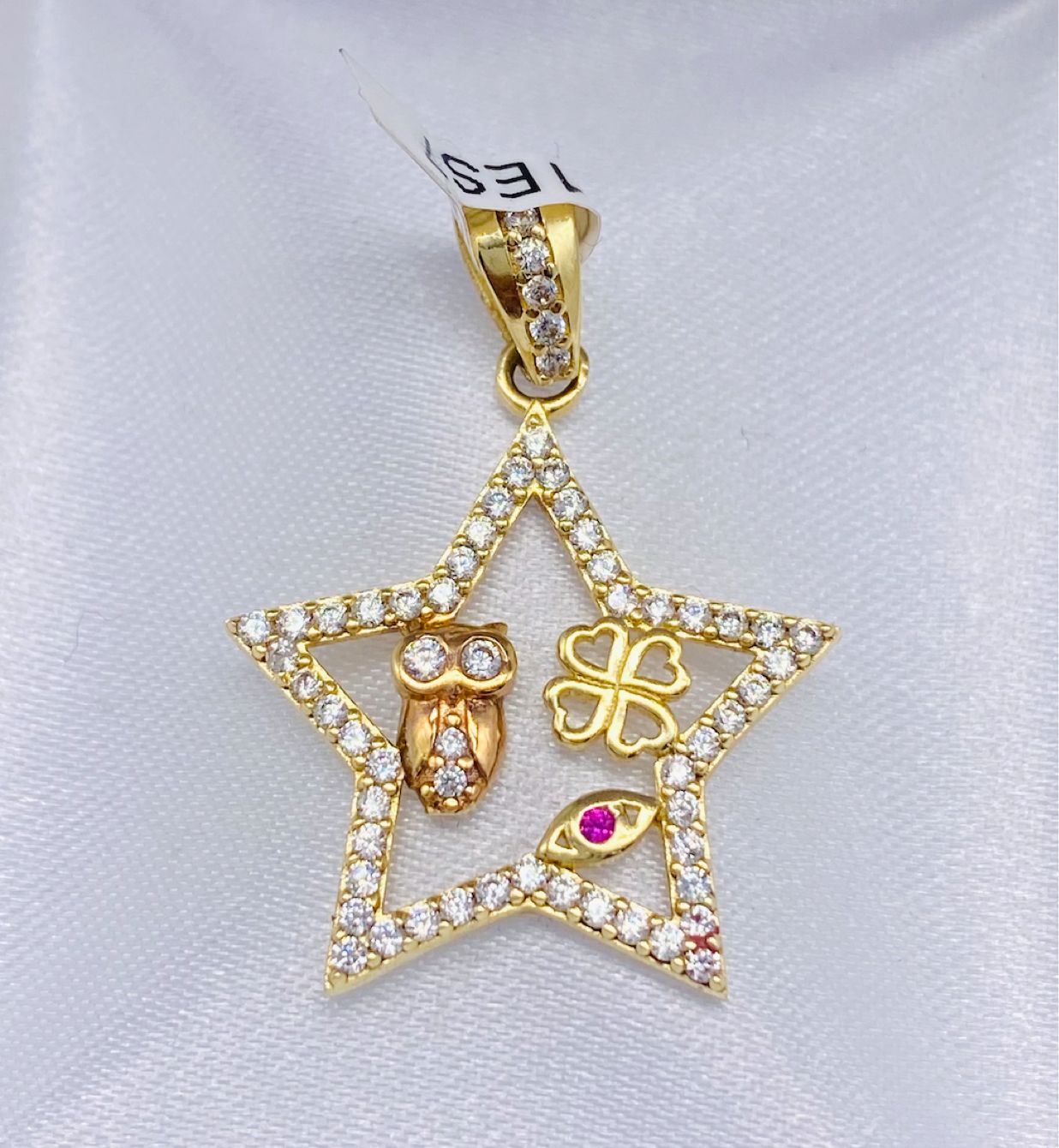 Gold Owl Star Pendant With Cz Zirconia - Dije De Oro De Estrella De Buho Con Cz Zirconia